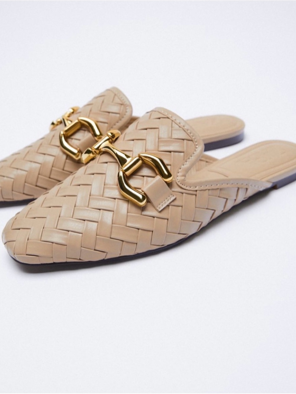 Zara Beige Woven Mule Slides with Gold Hardware